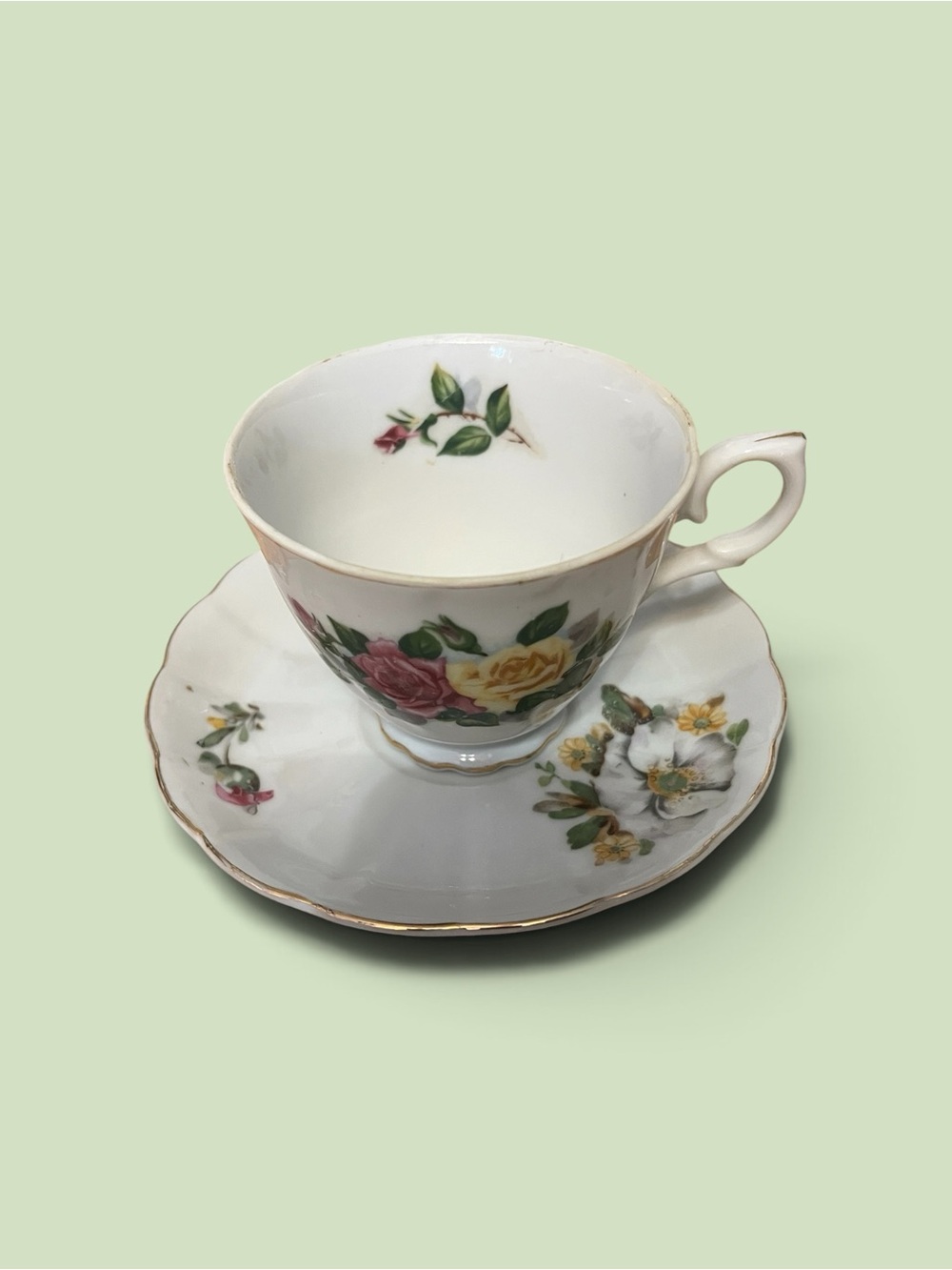 Vintage Floral Porcelain Teacup and Saucer - White with Multicolor Rose Motif